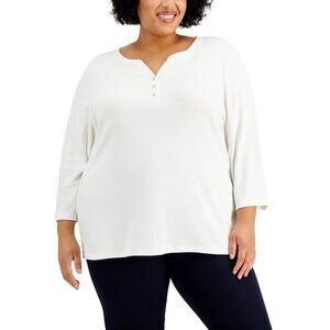 Karen Scott Womens Plus Size 1X Cotton 3/4 Sleeve Henley Top in White 2309